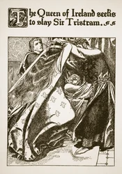 Die Königin von Irland versucht, Sir Tristram zu töten, Illustration aus 